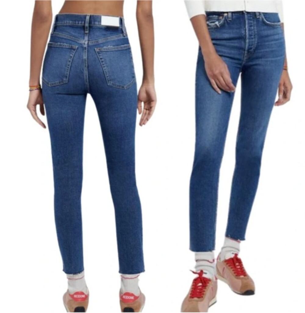 Re/Done 90s Button-Fly Ankle Cropped High Rise Dark Wash Skinny Jeans Size 28